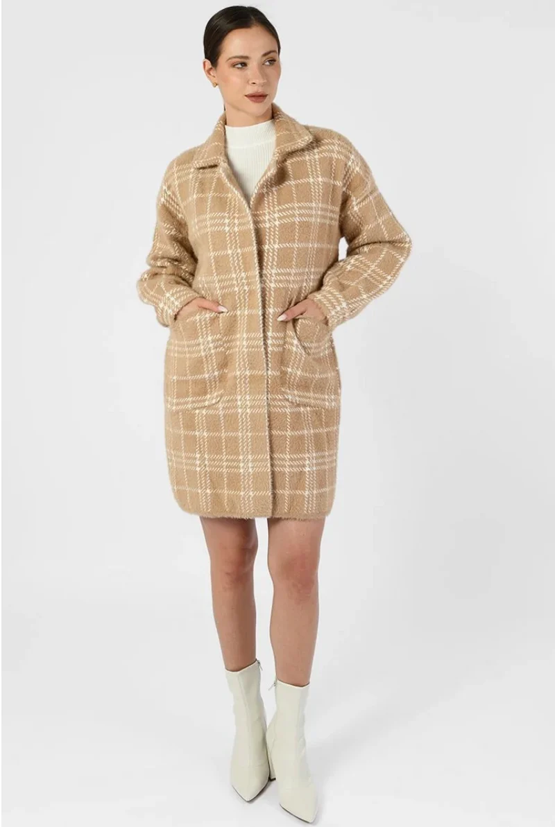Damen Oversize Mantel mit Karomuster | Lange Übergangsjacke mit Taschen | Weiche Shacket in Einheitsgröße