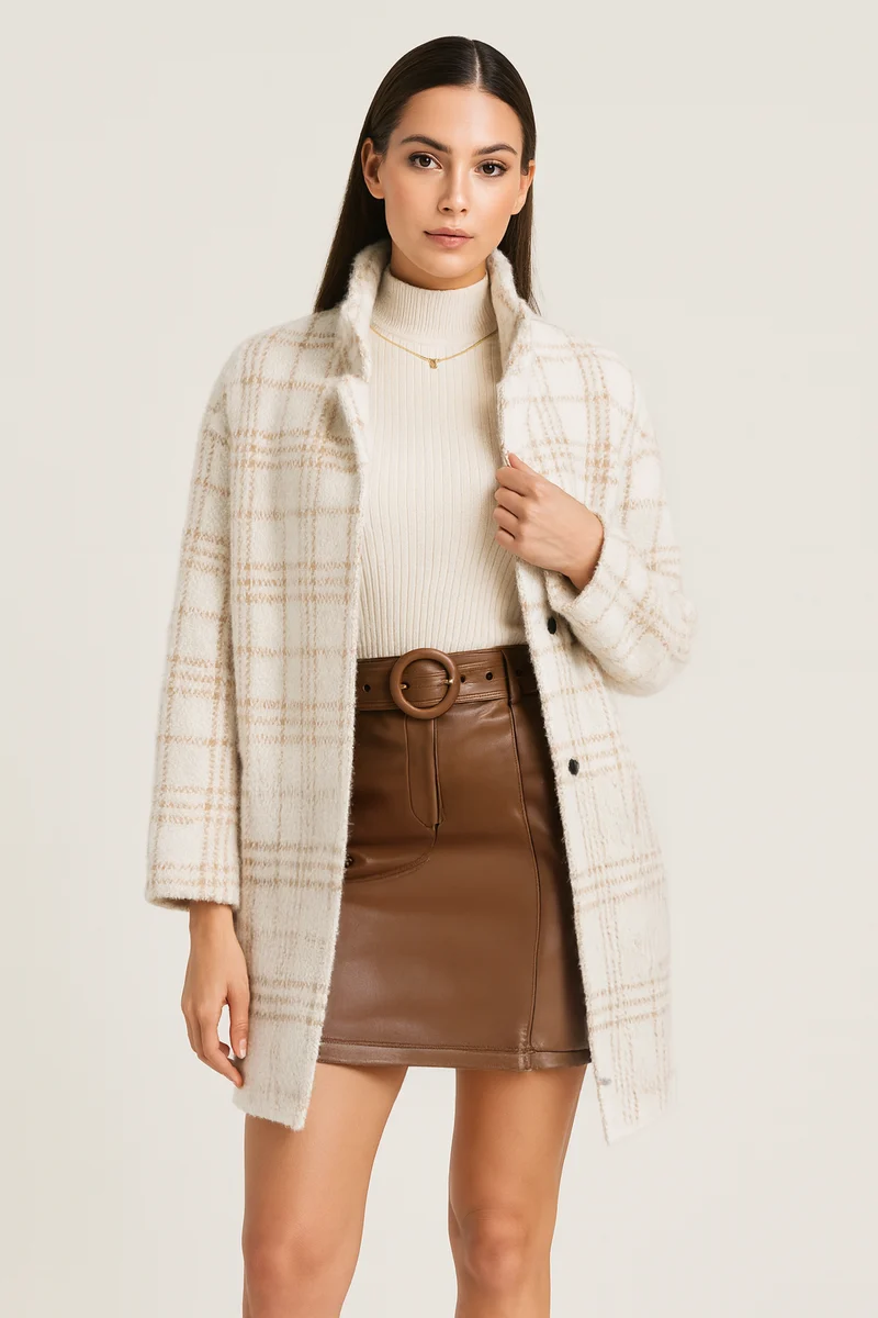 Damen Oversize Mantel mit Karomuster | Lange Übergangsjacke mit Taschen | Weiche Shacket in Einheitsgröße