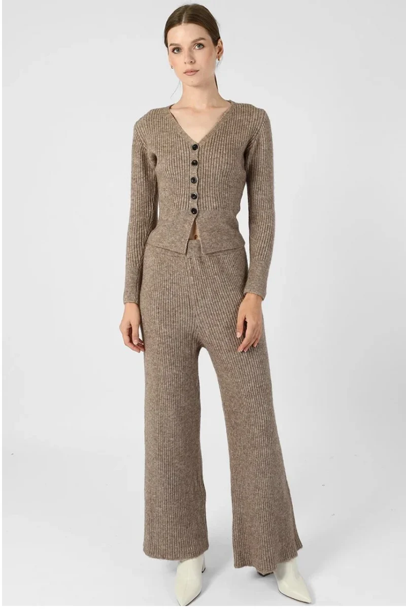 Damen Strick-Zweiteiler gerippt | Strickjacke mit weiter Strickhose | Elegantes Lounge-Set