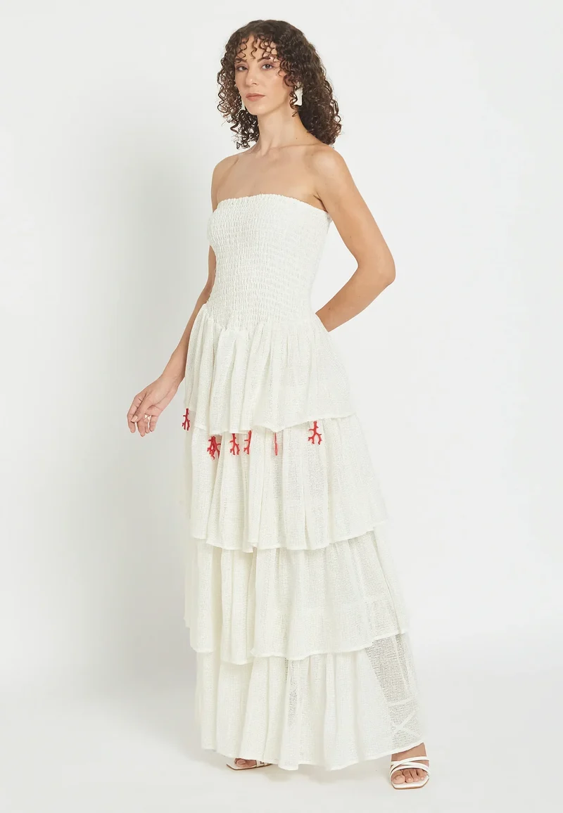Damen Gestuftes Maxi-Kleid mit Schulterfreiem Ausschnitt | Gesmoktes Oberteil | Luftiges Sommerkleid mit Stickerei