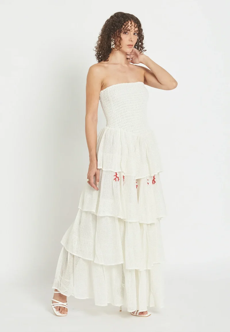 Damen Gestuftes Maxi-Kleid mit Schulterfreiem Ausschnitt | Gesmoktes Oberteil | Luftiges Sommerkleid mit Stickerei