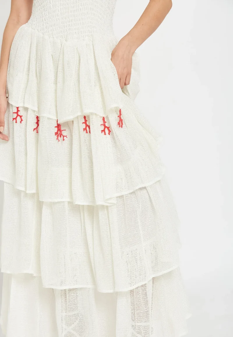 Damen Gestuftes Maxi-Kleid mit Schulterfreiem Ausschnitt | Gesmoktes Oberteil | Luftiges Sommerkleid mit Stickerei