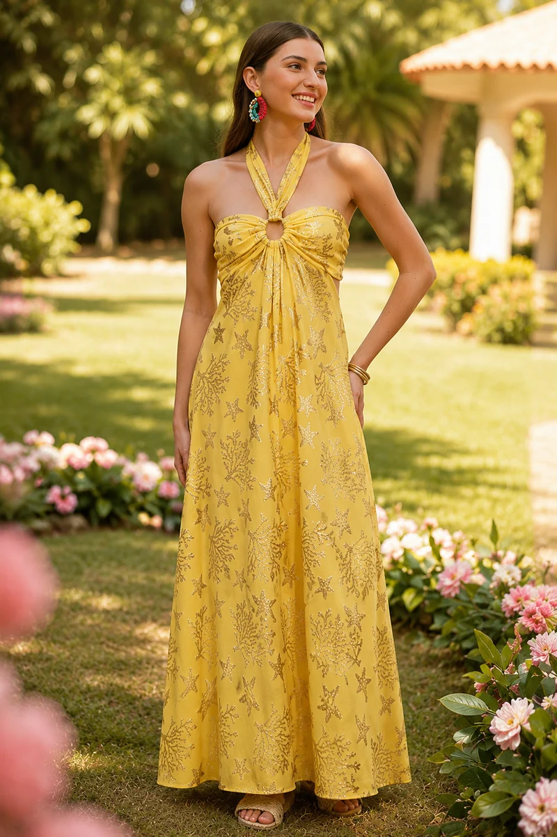 Damen Lurex Maxi-Kleid mit Neckholder | Fließendes Sommerkleid aus Baumwolle | Empire-Taille | Maritimer Look