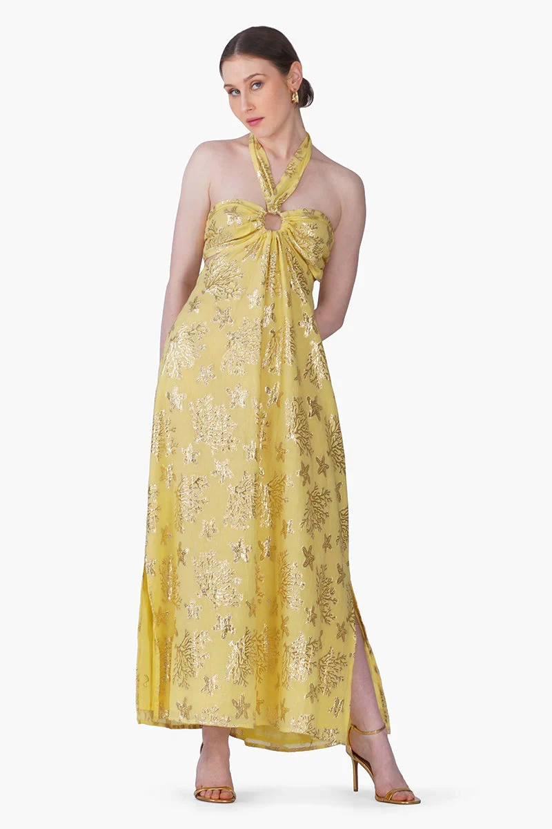 Damen Lurex Maxi-Kleid mit Neckholder | Fließendes Sommerkleid aus Baumwolle | Empire-Taille | Maritimer Look