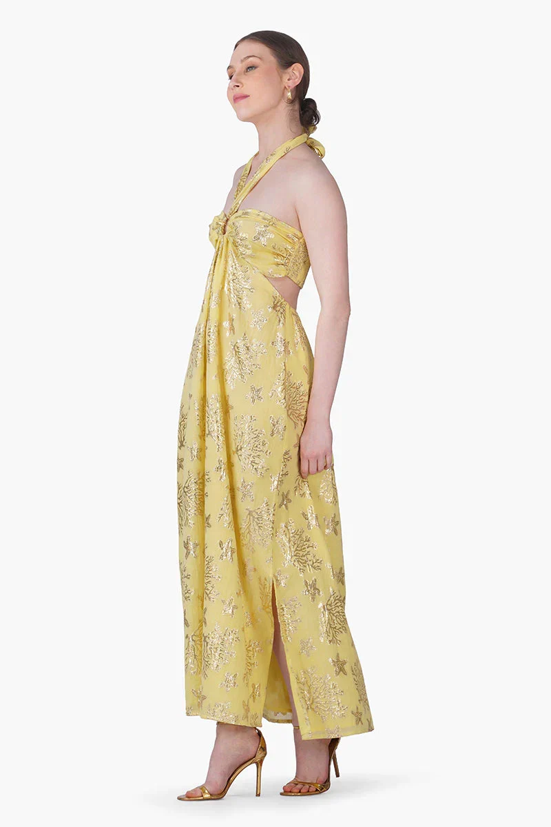 Damen Lurex Maxi-Kleid mit Neckholder | Fließendes Sommerkleid aus Baumwolle | Empire-Taille | Maritimer Look