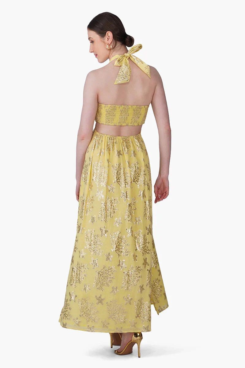 Damen Lurex Maxi-Kleid mit Neckholder | Fließendes Sommerkleid aus Baumwolle | Empire-Taille | Maritimer Look