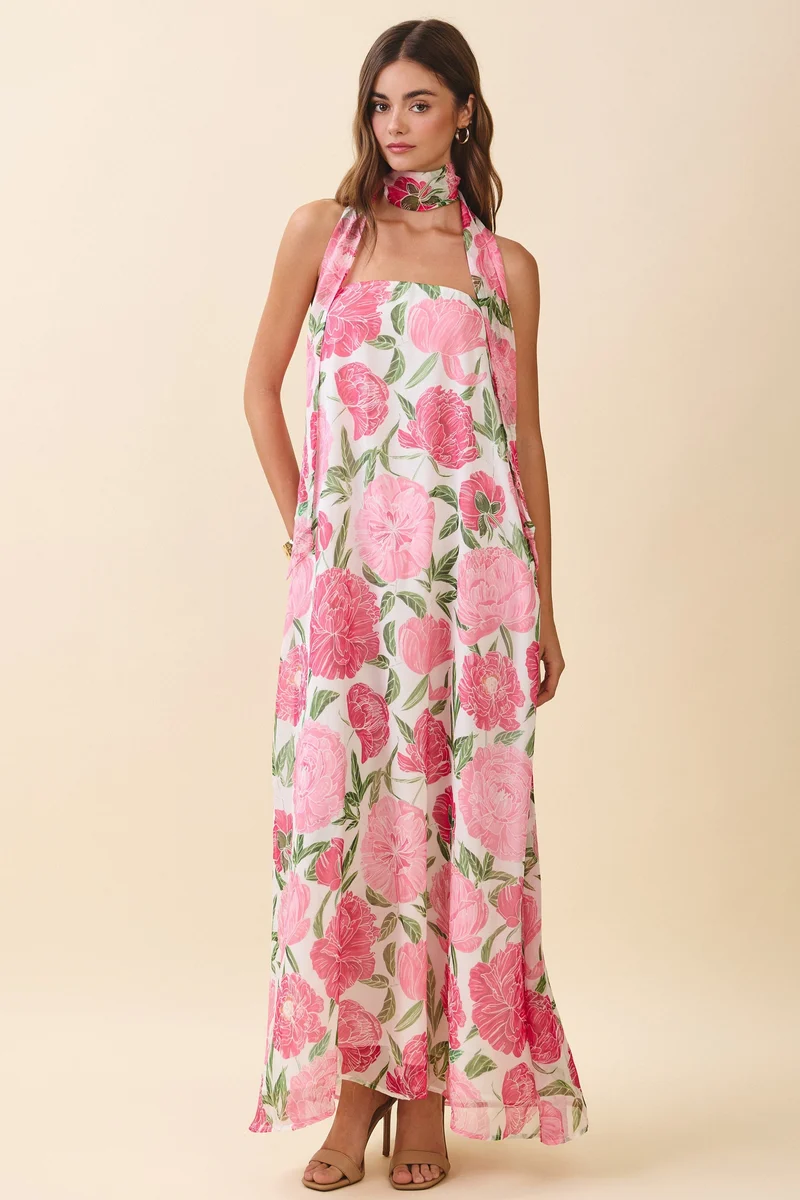 Rosé Garten-Schal MaxiDamen Maxi-Kleid mit Blumenmuster & Neckholder | Luftiges Sommerkleid mit Schal-Detail | Fließende PassformKleid