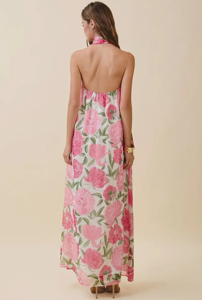Rosé Garten-Schal MaxiDamen Maxi-Kleid mit Blumenmuster & Neckholder | Luftiges Sommerkleid mit Schal-Detail | Fließende PassformKleid