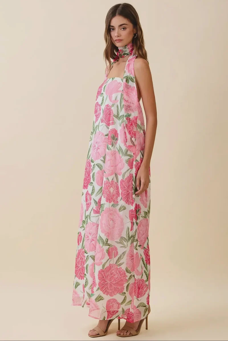 Rosé Garten-Schal MaxiDamen Maxi-Kleid mit Blumenmuster & Neckholder | Luftiges Sommerkleid mit Schal-Detail | Fließende PassformKleid
