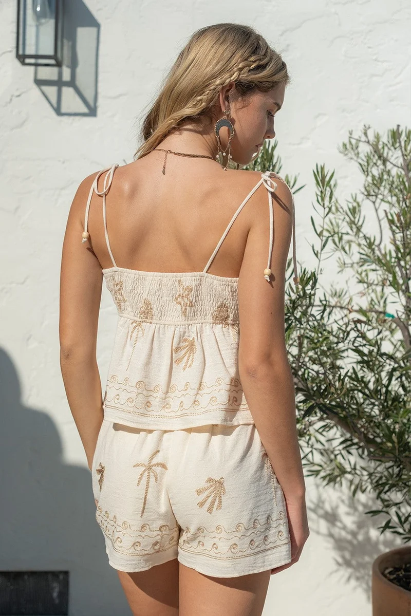 Damen Zweiteiler mit Palmenstickerei | Luftiges Cami-Top & Shorts | Besticktes Sommer-Set | Leicht & Atmungsaktiv