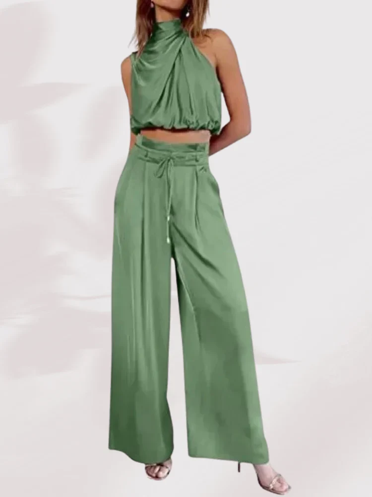 Damen Sommer Zweiteiler Set | Satin Plissee Crop Top & Hose mit weitem Bein | Luftig & Elegant