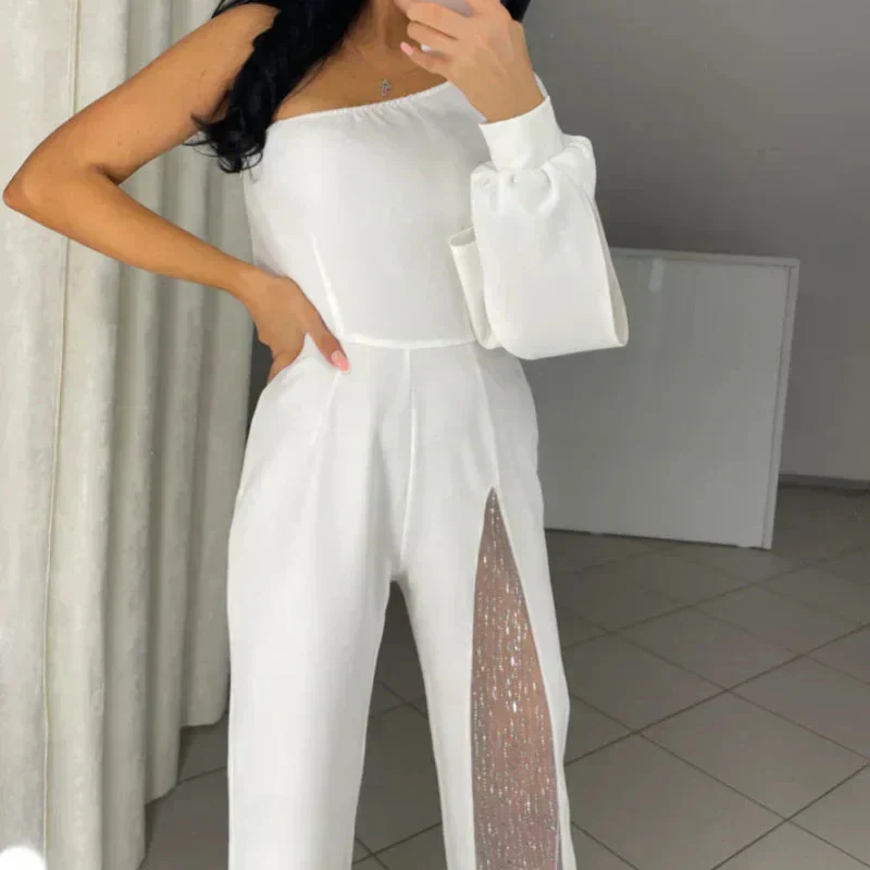 Damen Ein-Schulter Jumpsuit | Glitzernde Netzdetails | Figurbetonte Passform | Eleganter Abendlook