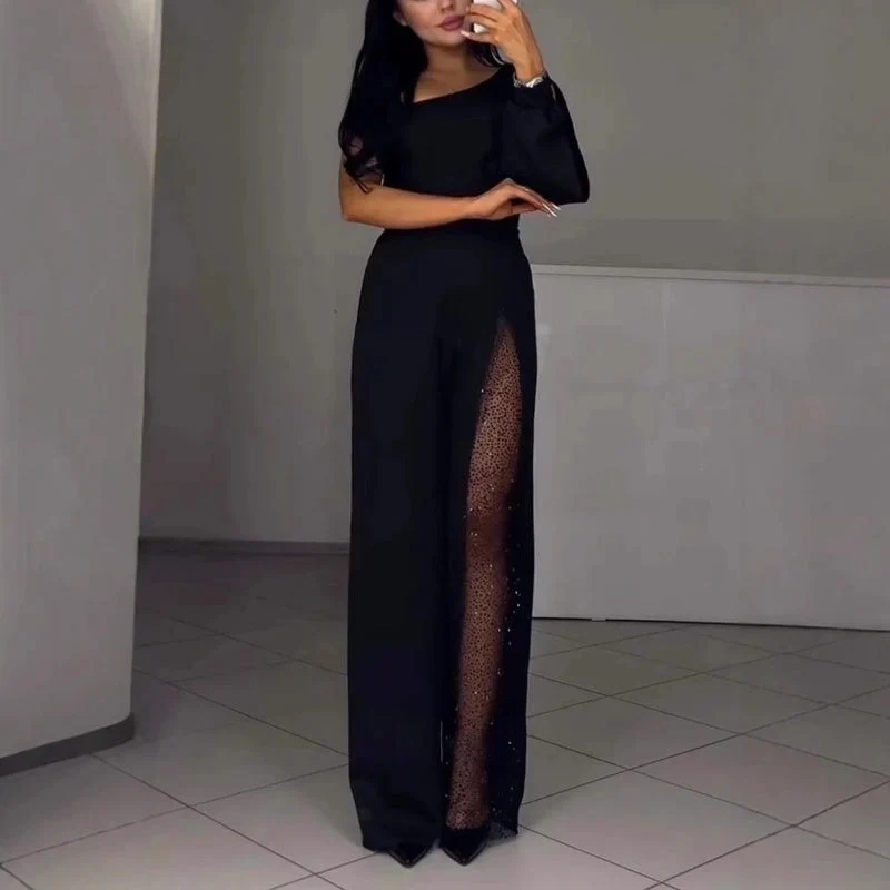 Damen Ein-Schulter Jumpsuit | Glitzernde Netzdetails | Figurbetonte Passform | Eleganter Abendlook