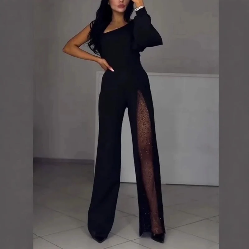 Damen Ein-Schulter Jumpsuit | Glitzernde Netzdetails | Figurbetonte Passform | Eleganter Abendlook