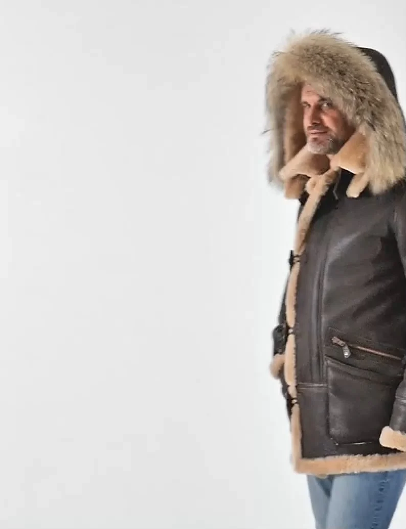 Herren Parka B-7 | Lammfell | Abnehmbare Kapuze mit Waschbärfell | Winterjacke