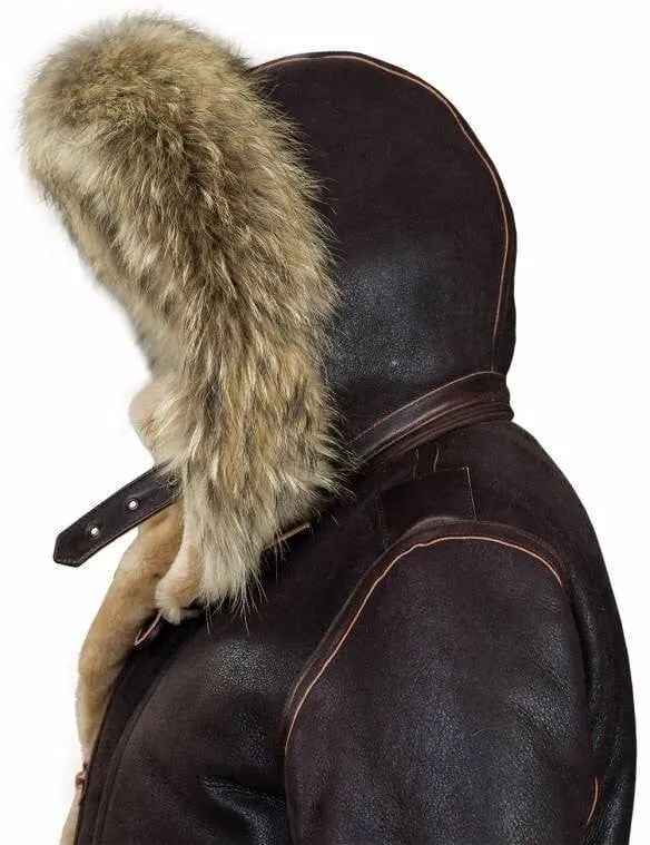 Herren Parka B-7 | Lammfell | Abnehmbare Kapuze mit Waschbärfell | Winterjacke