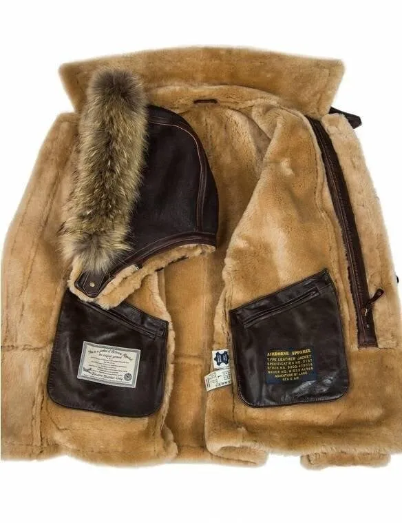 Herren Parka B-7 | Lammfell | Abnehmbare Kapuze mit Waschbärfell | Winterjacke