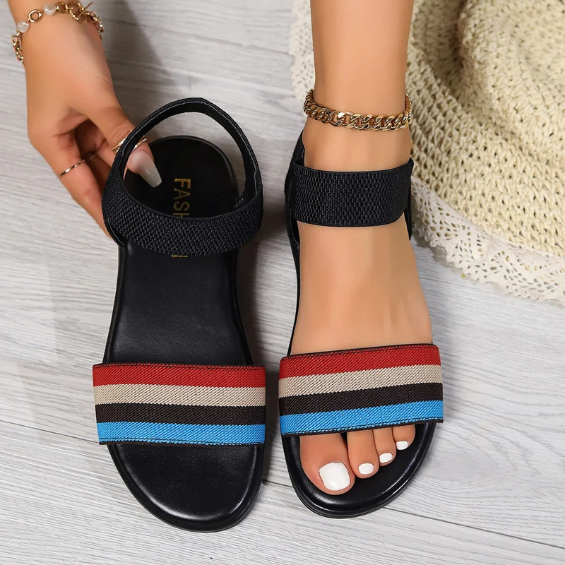 Damen Sandalen | Elastische Riemen | Farbblock Design | Flache Sohle