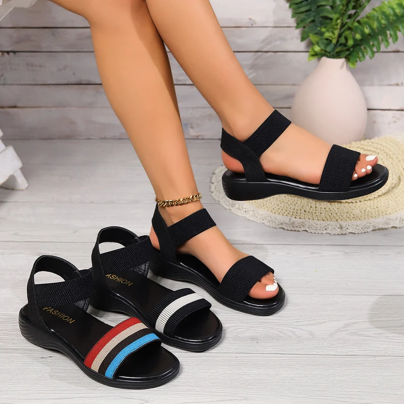 Damen Sandalen | Elastische Riemen | Farbblock Design | Flache Sohle