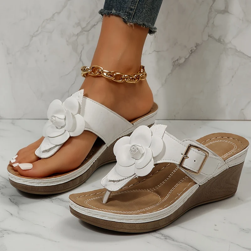 Damen Plateau Sandalen | Blumendetail & Komfortsohle | Elegante High Heels für Sommerlooks