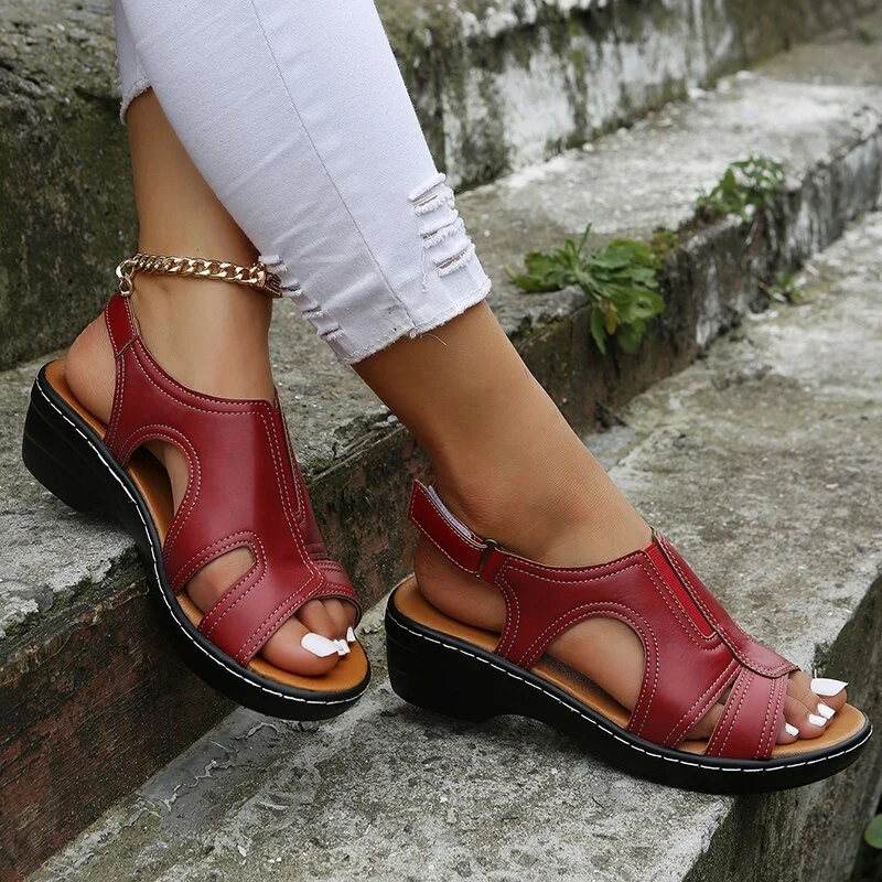 Damen Orthopädische Ledersandalen | Komfort Fußbett & Verstellbare Riemen | Keilabsatz für Stabilität