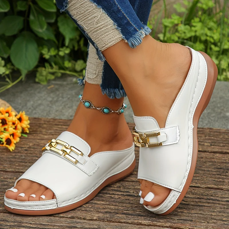 Damen Keilsandalen | Ergonomische Komfortsohle | Dekorativer Kettenbesatz | Elegant & Bequem für Sommer