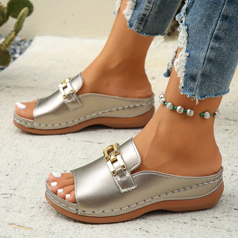Damen Keilsandalen | Ergonomische Komfortsohle | Dekorativer Kettenbesatz | Elegant & Bequem für Sommer