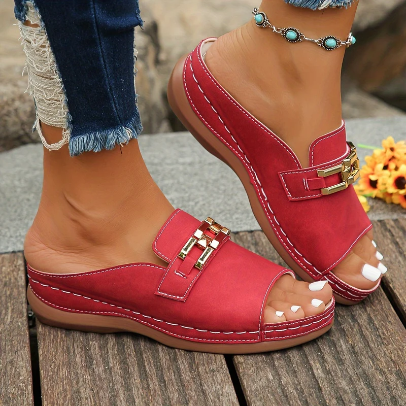 Damen Keilsandalen | Ergonomische Komfortsohle | Dekorativer Kettenbesatz | Elegant & Bequem für Sommer
