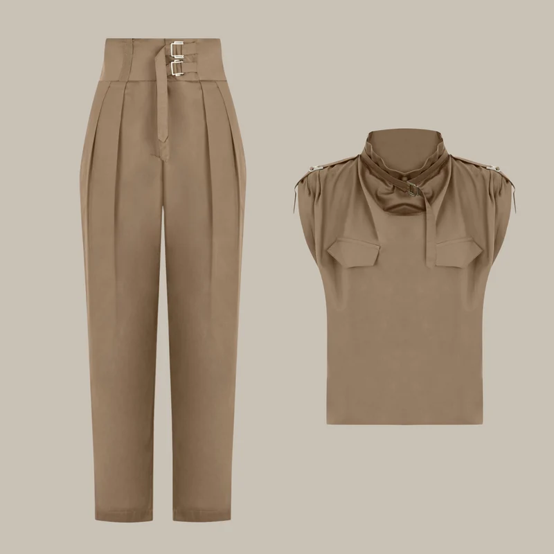 Damen Zweiteiler mit Rollkragen & Gürtel | High-Waist Hose | Eleganter Look