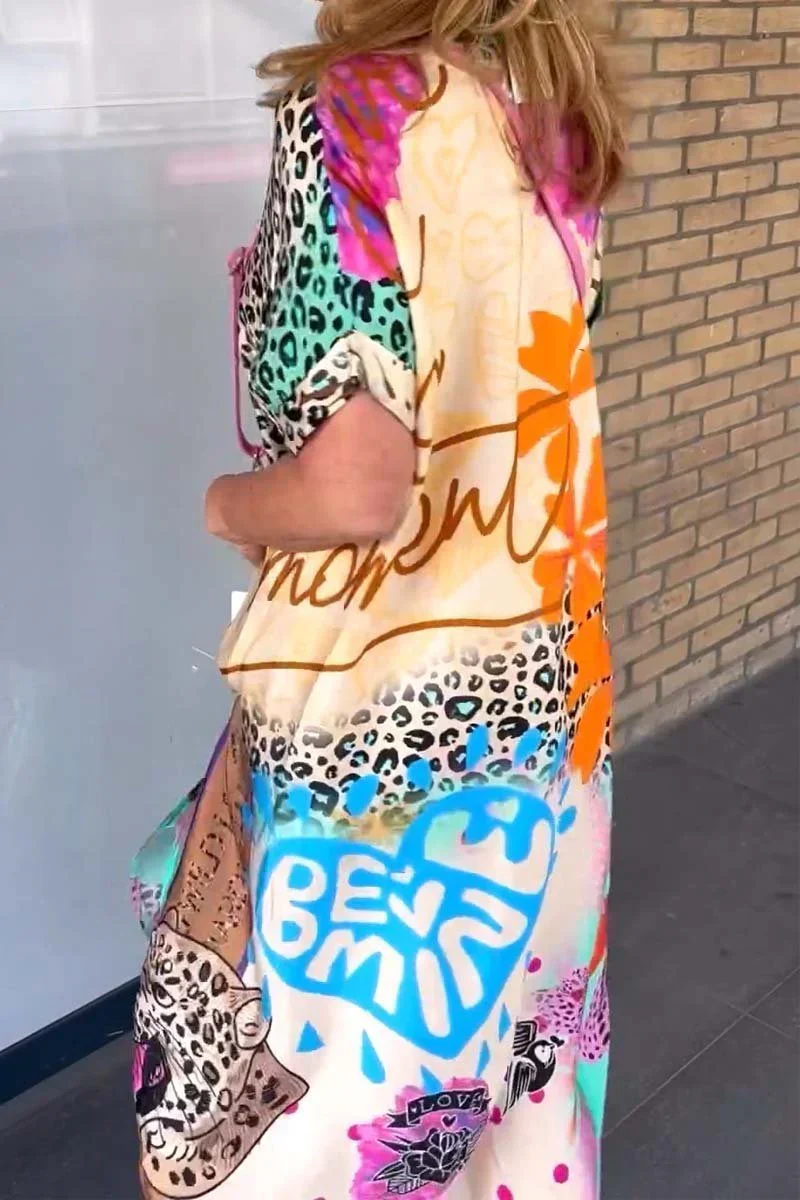 Damen Maxikleid mit Leo- & Tropenprint | Luftiges Sommerkleid V-Ausschnitt | Fließender Schnitt für Strand, Urlaub & Alltag