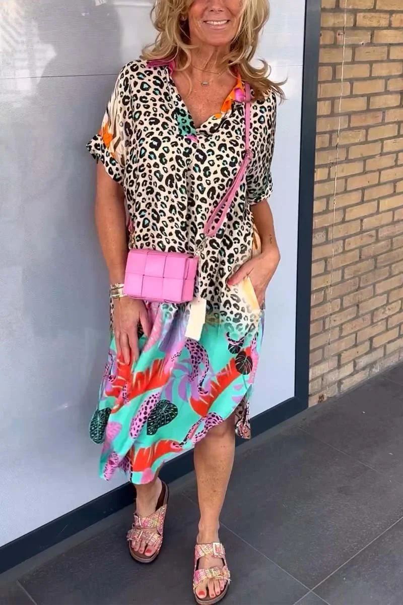 Damen Maxikleid mit Leo- & Tropenprint | Luftiges Sommerkleid V-Ausschnitt | Fließender Schnitt für Strand, Urlaub & Alltag
