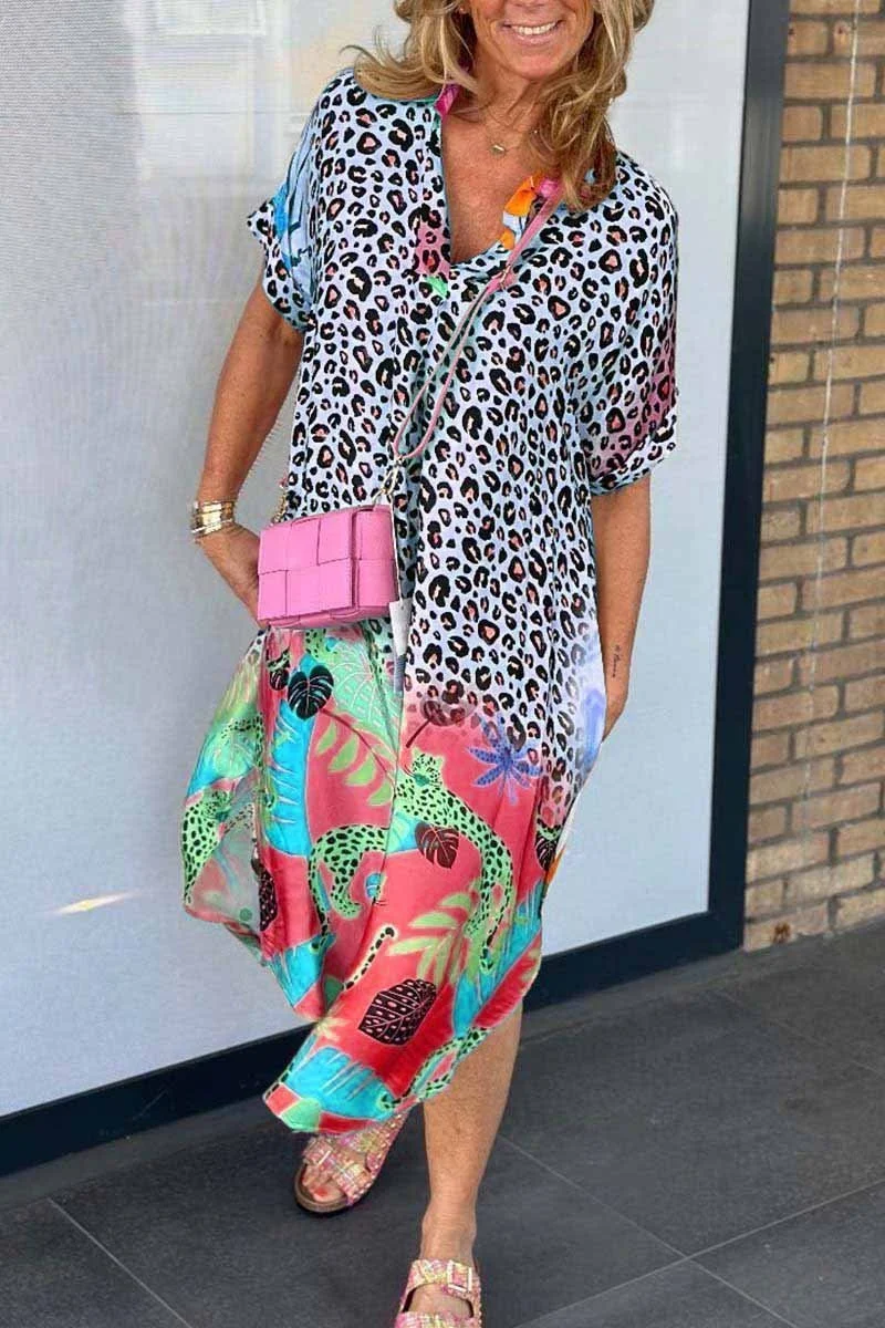 Damen Maxikleid mit Leo- & Tropenprint | Luftiges Sommerkleid V-Ausschnitt | Fließender Schnitt für Strand, Urlaub & Alltag