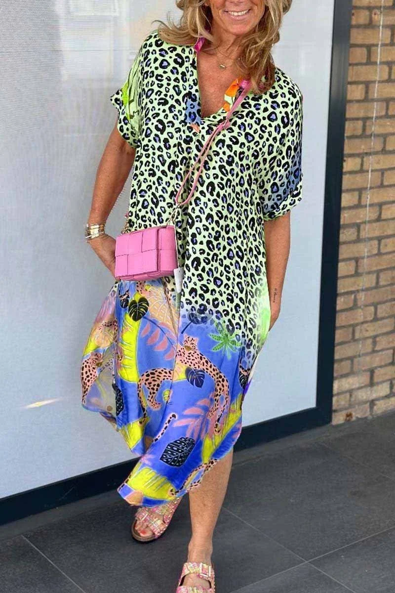 Damen Maxikleid mit Leo- & Tropenprint | Luftiges Sommerkleid V-Ausschnitt | Fließender Schnitt für Strand, Urlaub & Alltag