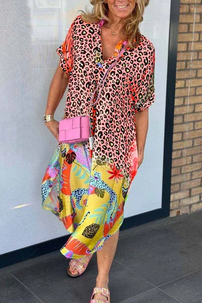 Damen Maxikleid mit Leo- & Tropenprint | Luftiges Sommerkleid V-Ausschnitt | Fließender Schnitt für Strand, Urlaub & Alltag