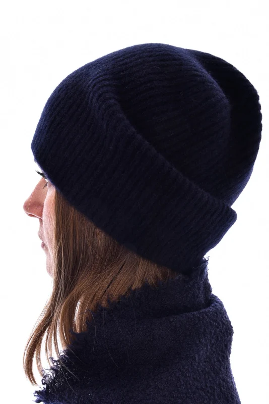 Kaschmirbeanie Rippstrick Dunkelblau