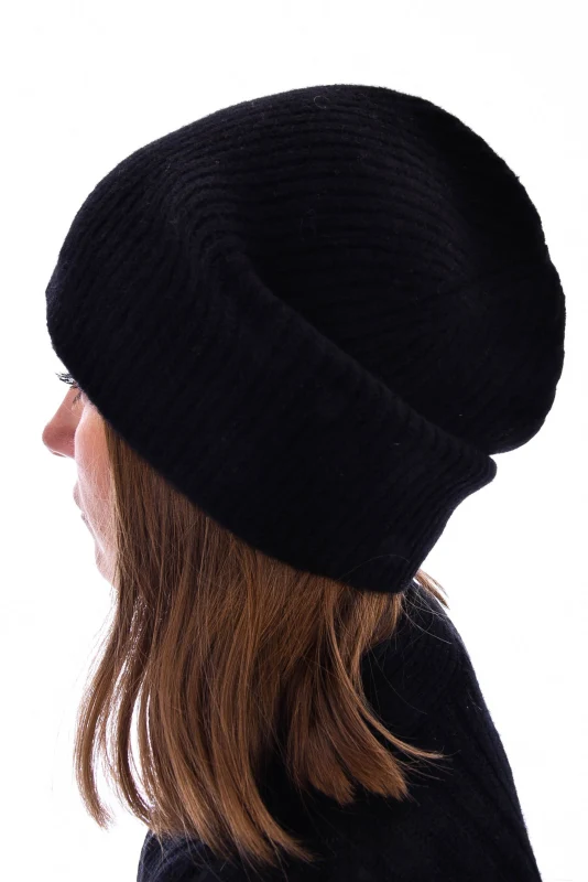 Kaschmirbeanie Rippstrick Schwarz