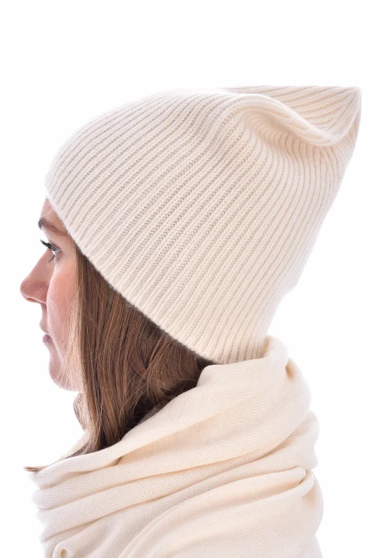 Kaschmirbeanie Weiß Rippstrick