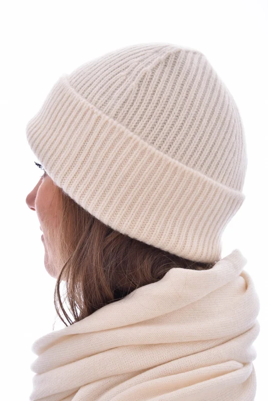 Kaschmirbeanie Weiß Rippstrick