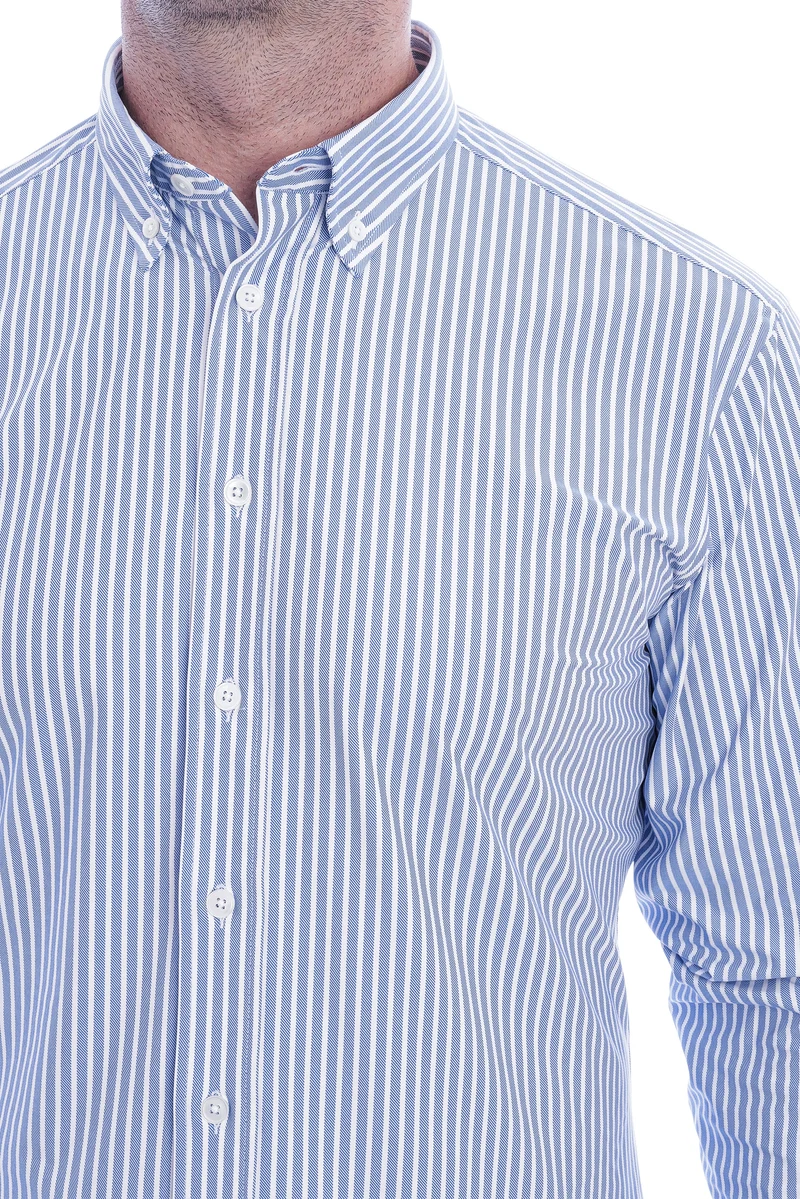 Stretchhemd - Button Down Kragen Radical Fit Blau-Weiß Gestreift