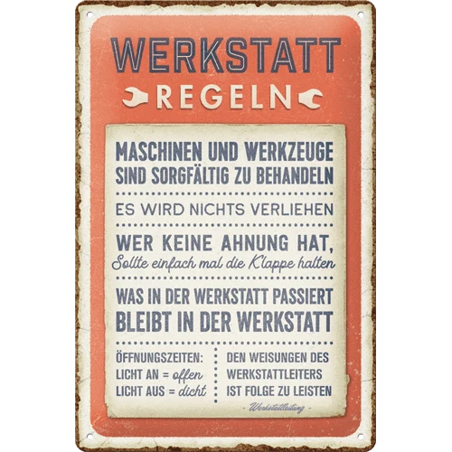 Blechschild "Werkstattregeln"