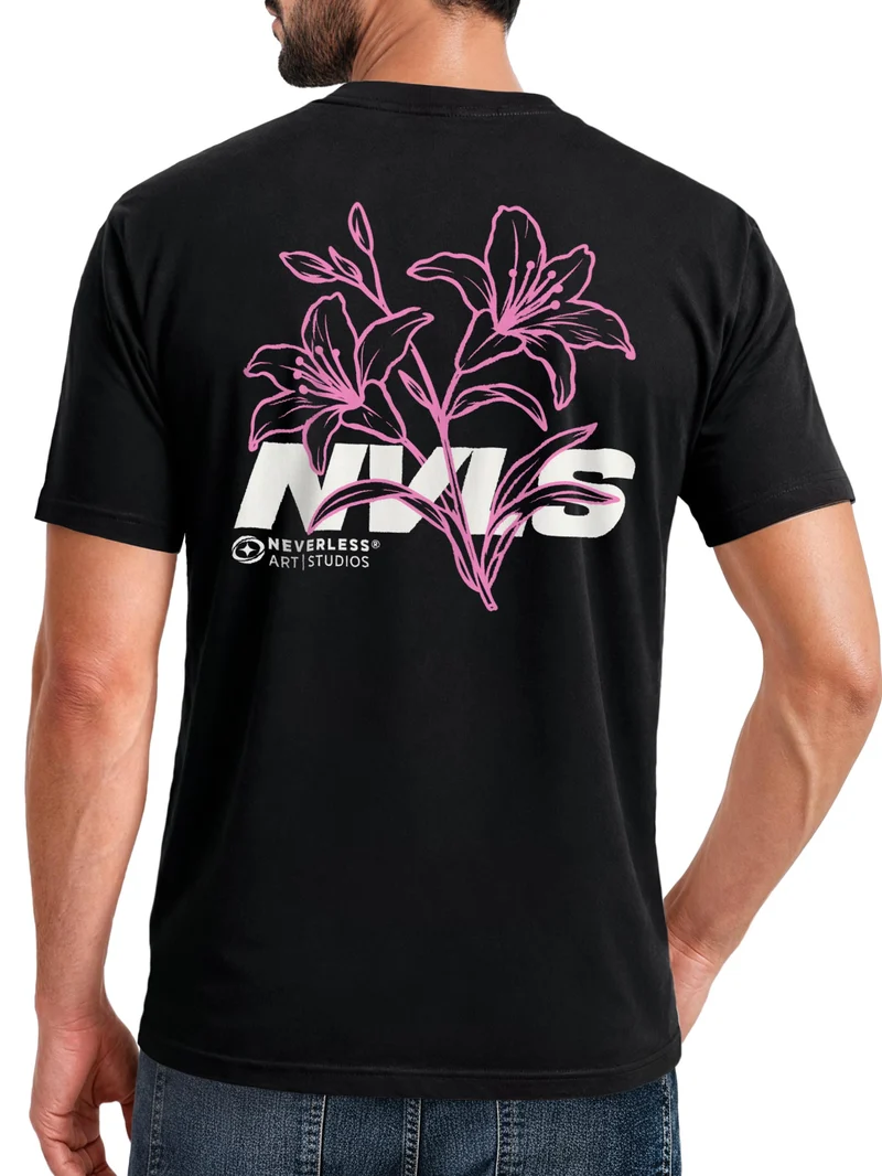 Herren T-Shirt Backprint Lilien Floral Line Art – Baumwollshirt Streetstyle Slim Fit