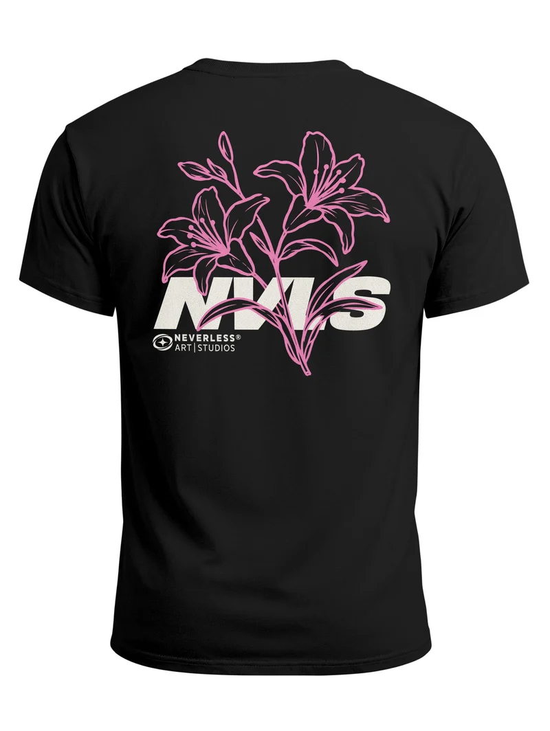 Herren T-Shirt Backprint Lilien Floral Line Art – Baumwollshirt Streetstyle Slim Fit