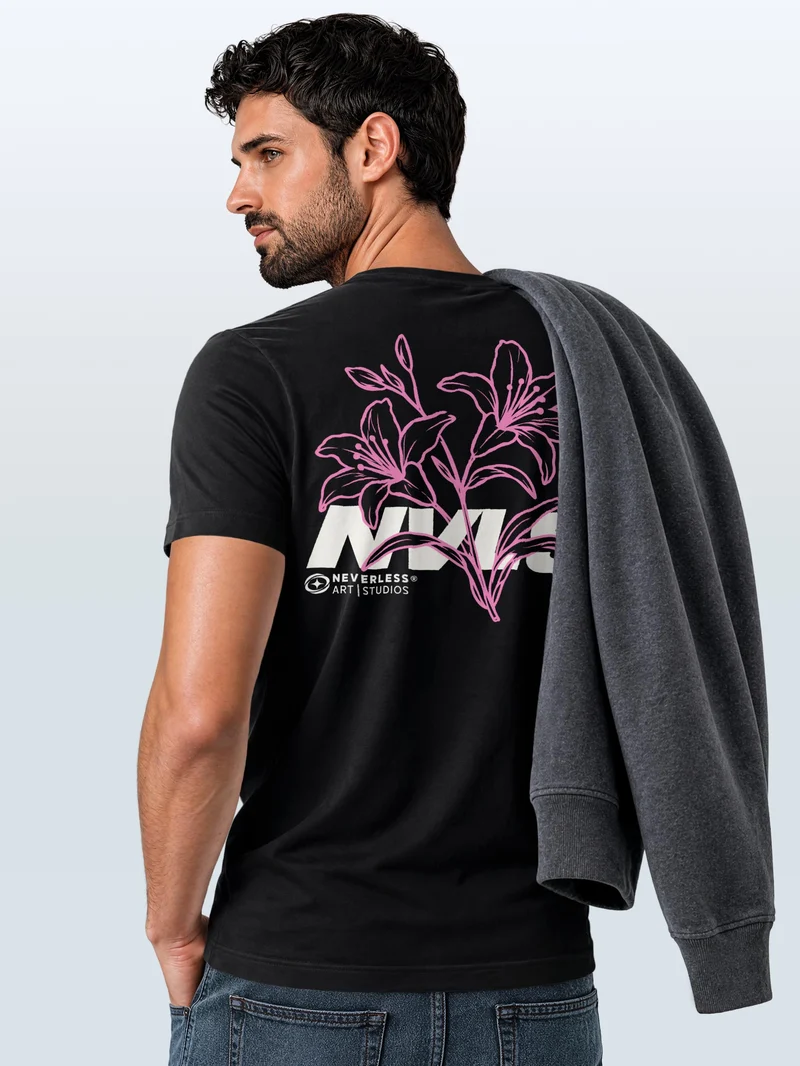 Herren T-Shirt Backprint Lilien Floral Line Art – Baumwollshirt Streetstyle Slim Fit