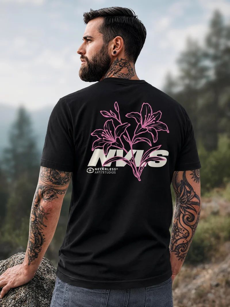 Herren T-Shirt Backprint Lilien Floral Line Art – Baumwollshirt Streetstyle Slim Fit