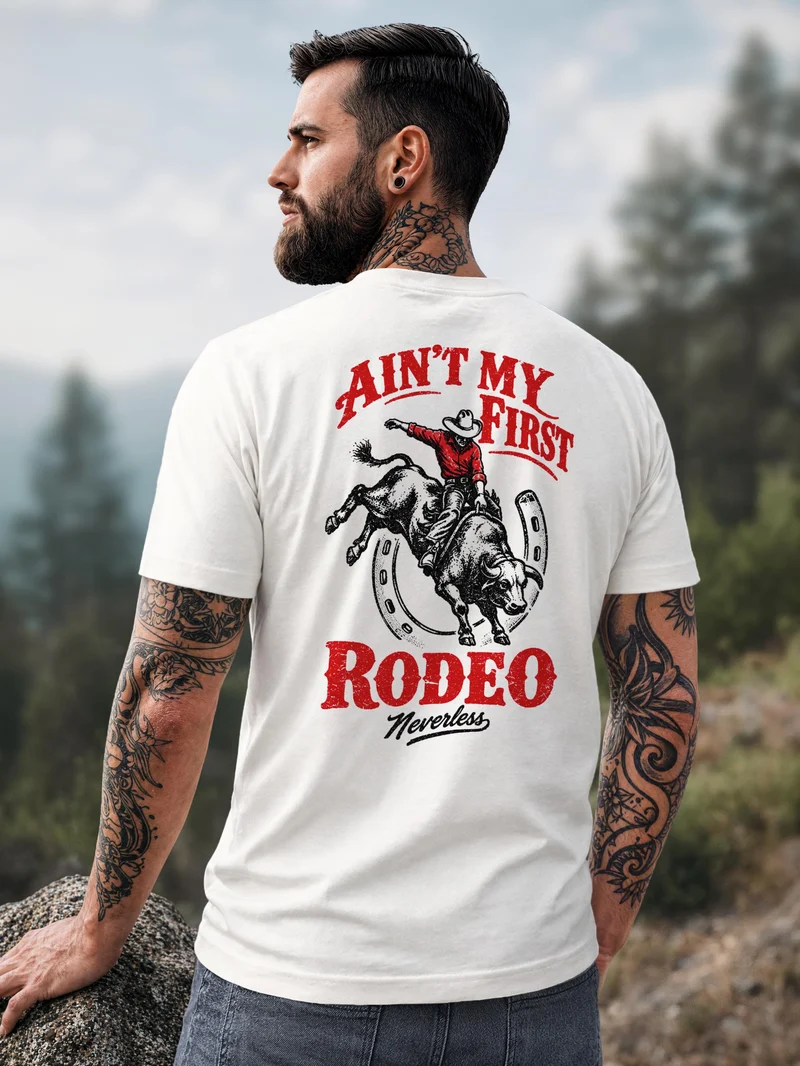 Herren T-Shirt Backprint Rodeo Cowboy Bullriding Western – Baumwollshirt Streetstyle Slim Fit