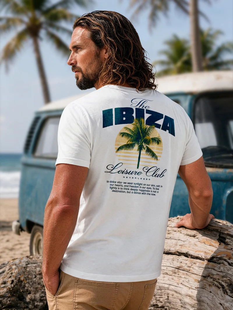 Herren T-Shirt Backprint - Design Ibiza Leisure Club - Baumwollshirt Männer Fashion Streetstyle Slim Fit