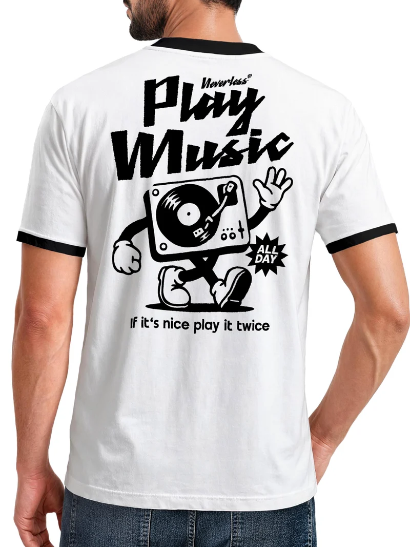 Herren T-Shirt Retro Kontrastbund - Design Play Music - Printshirt im Vintage-Look