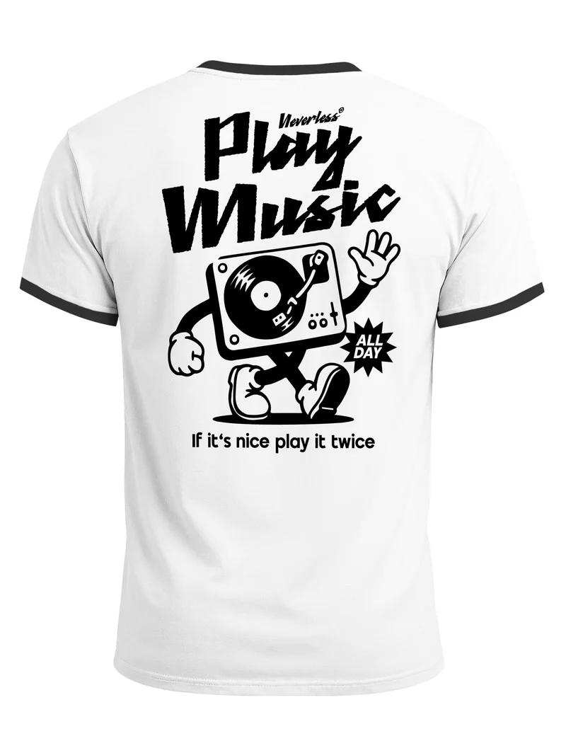 Herren T-Shirt Retro Kontrastbund - Design Play Music - Printshirt im Vintage-Look