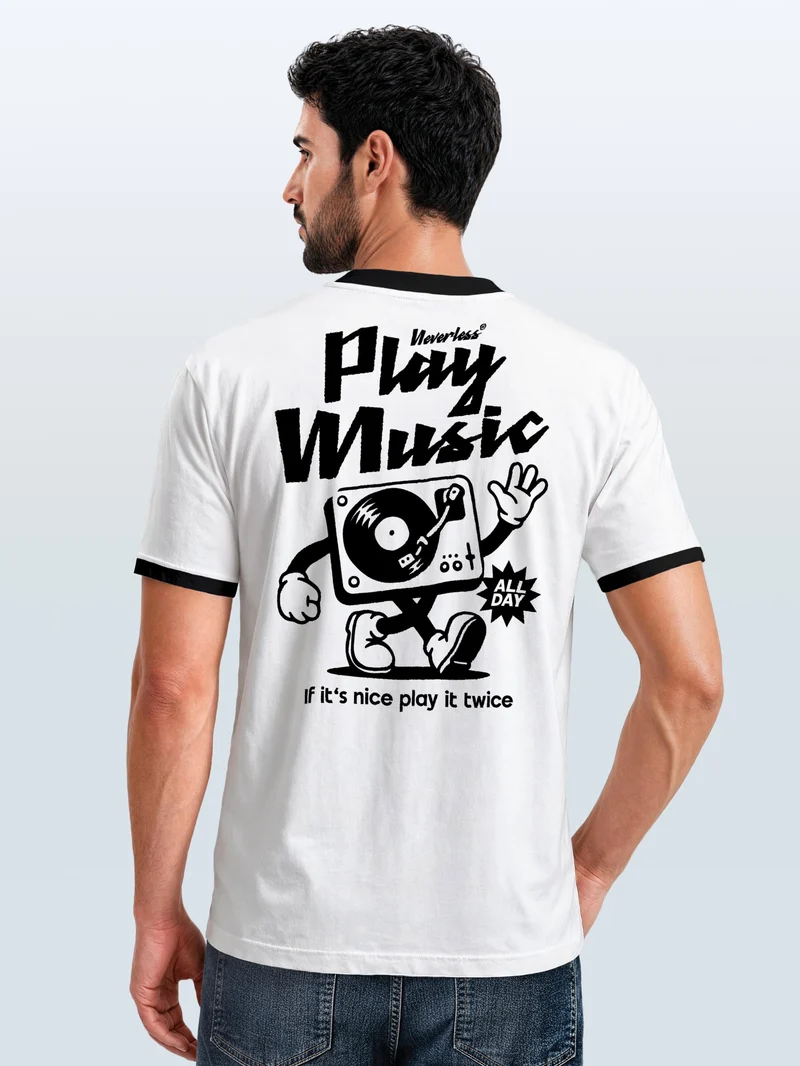 Herren T-Shirt Retro Kontrastbund - Design Play Music - Printshirt im Vintage-Look