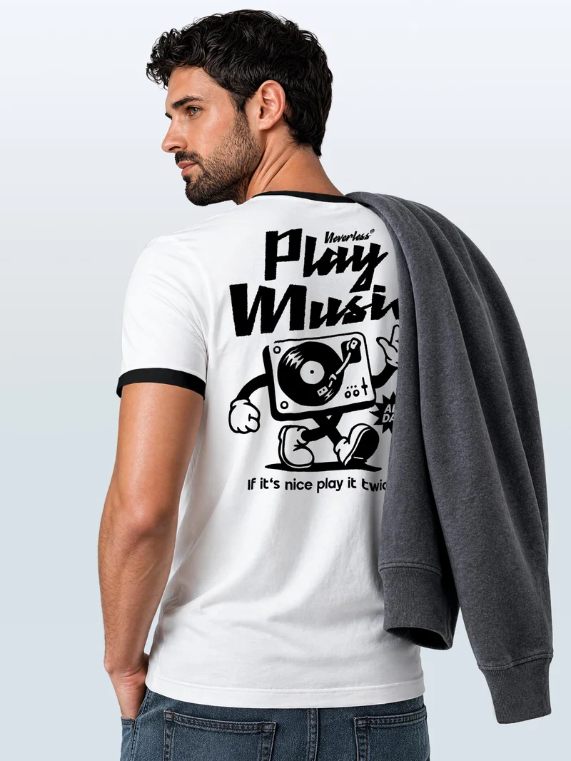 Herren T-Shirt Retro Kontrastbund - Design Play Music - Printshirt im Vintage-Look